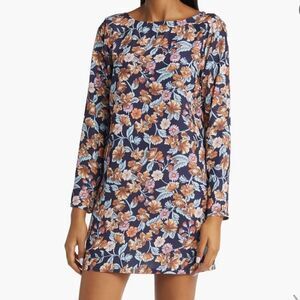 Halogen Print Long Sleeve Shift Dress Navy Blue Floral New Medium